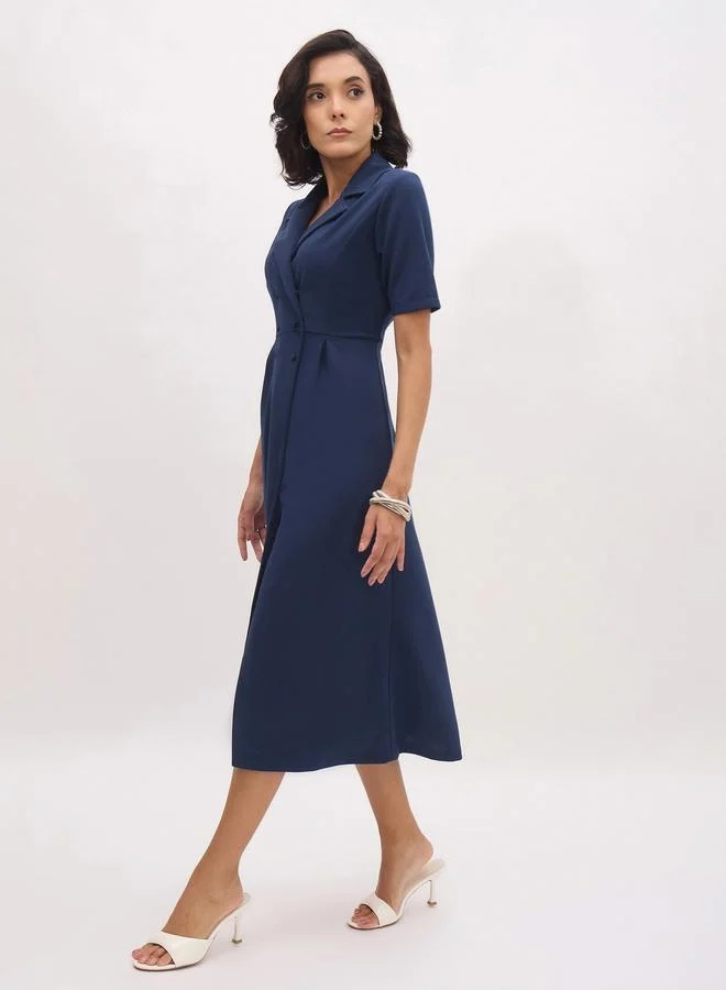 SASSAFRAS Women Blue Notch Collar Button Midi Dress